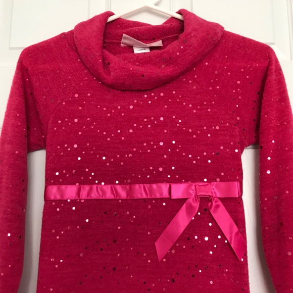 Bloome de jeune fille Pink Sequin Long Sleeve Cowl Neck Dress Offset Bow - Picture 3 of 8